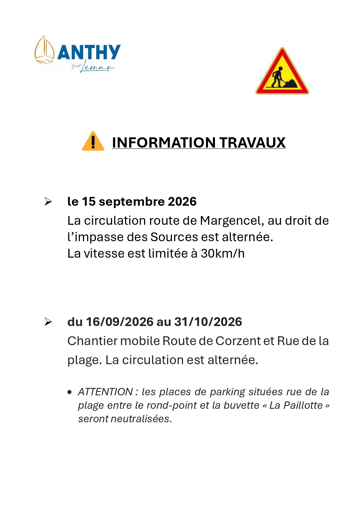 INFORMATION TRAVAUX SEPT OCT
