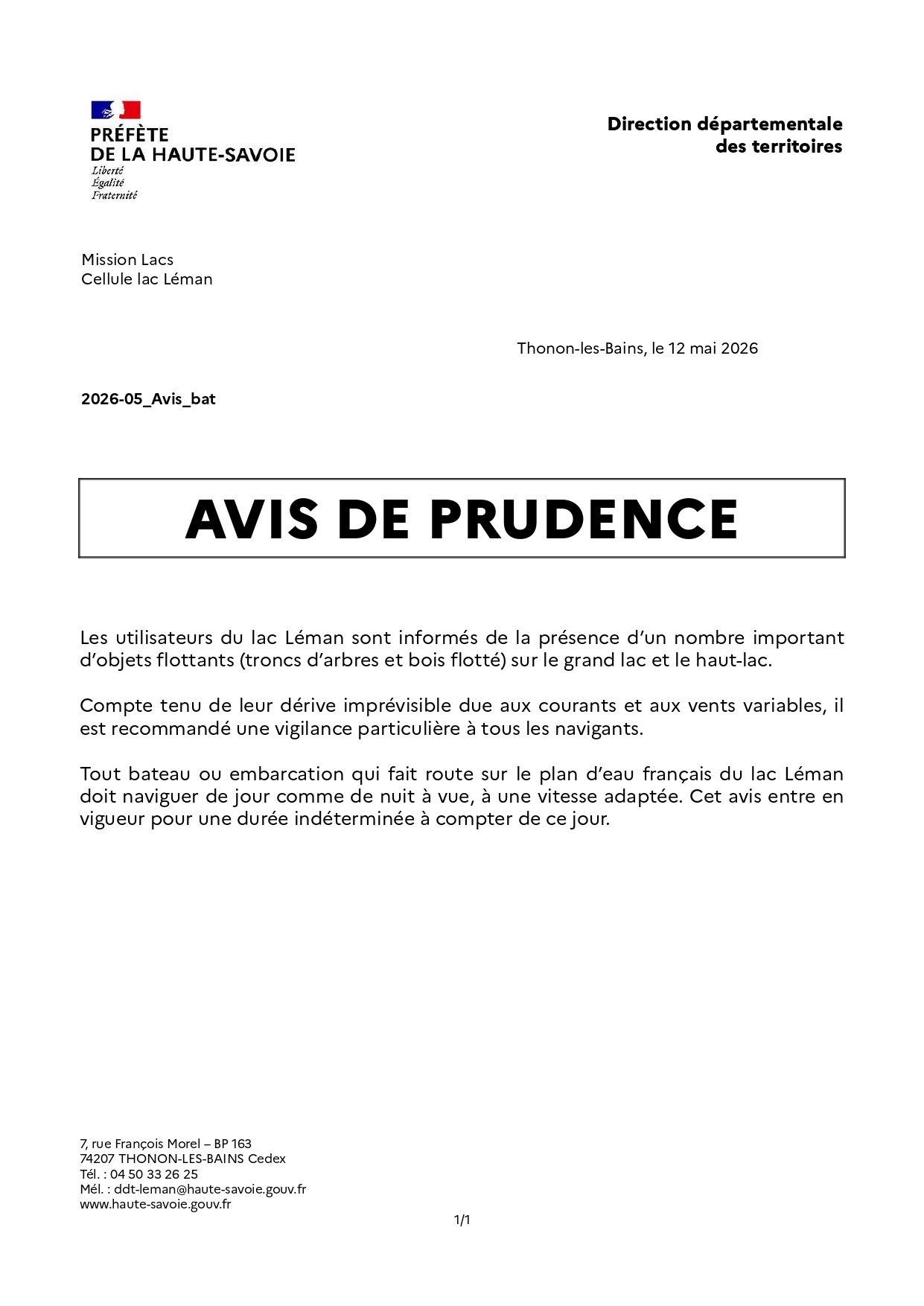 AVIS DE PRUDENCE